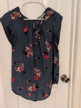 Sweet Rain Slate Blue Floral Cap-Sleeve Blouse